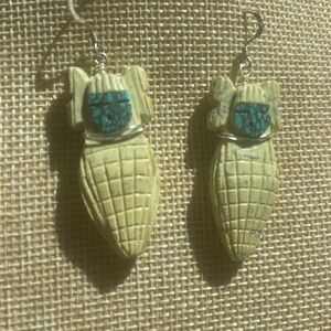 Native Handmade Bone Carved Corn Maiden Earrings with Turquoise Carved Faces🦋